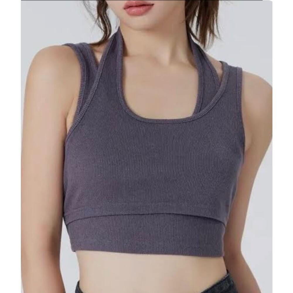 Cider Ribbed Double Layer Crop Tank XS Brown Taupe Fitted Minimalist Y2K Top